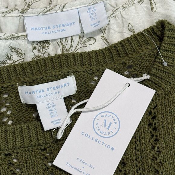 Martha Stewart 2pc Maxi Dress Set S Green Leaf Print Sweater Linen Blend Cottage - Picture 7 of 14